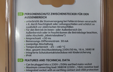 Personenschutz-Zwischenstecker für den Aussenbereich IP44, 30 mA